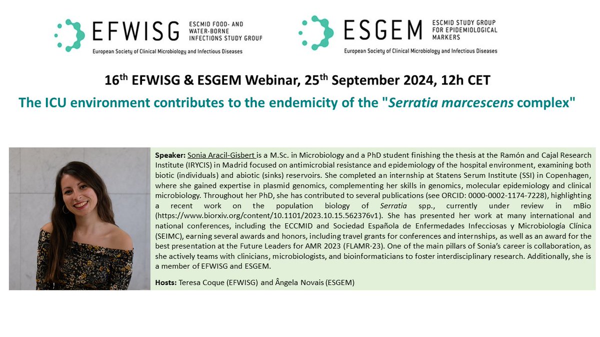 Our webinars are back! 

Listen to Sonia Aracil-Gisbert (<a href="/AracilGisbert/">Sonia Aracil-Gisbert</a>) on her recently published work:
"The ICU environment contributes to the endemicity of the "Serratia marcescens complex"  

25th Sept 2024, 12:00 CET
Registration: escmid-org.zoom.us/webinar/regist…
<a href="/efwisg_escmid/">EFWISG</a>