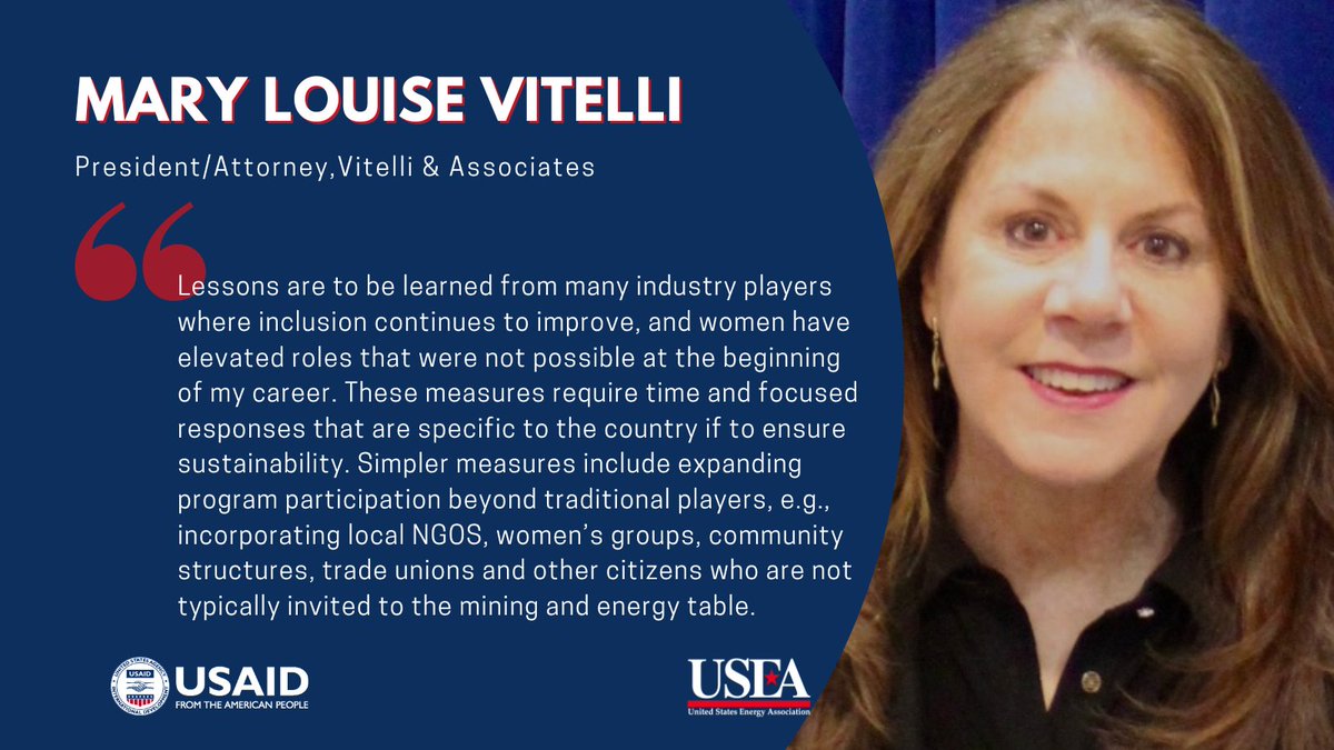 USEnergyAssn's tweet image. 🌟 Increasing visibility of #WomenLeaders in the #EnergySector can drive real change!

This month's honoree in the @USEnergyAssn #womeninenergy is Mary Louise Vitelli Esq. shaping mining &amp;amp; energy policies in transitioning economies⚡
Read her story ⬇️
🔗 usea.org/article/women-…