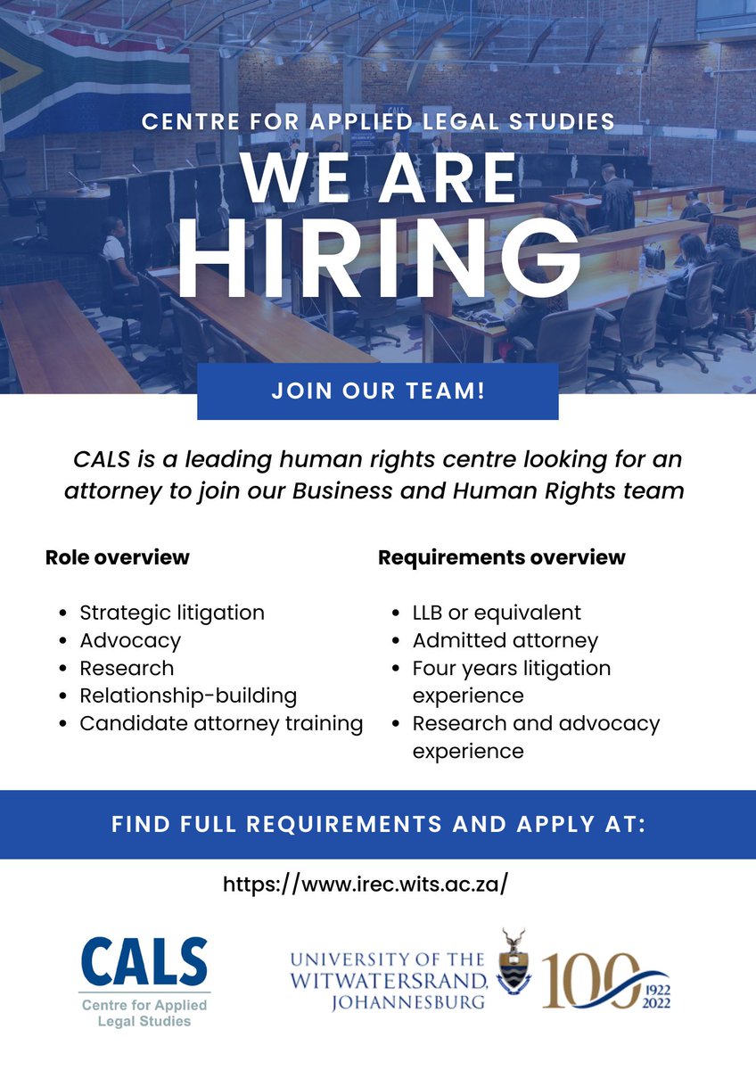 CALS is hiring! We are looking for an attorney to join our Business and Human Rights team. 

Find out more and apply here: irec.wits.ac.za/OA_HTML/OA.jsp…