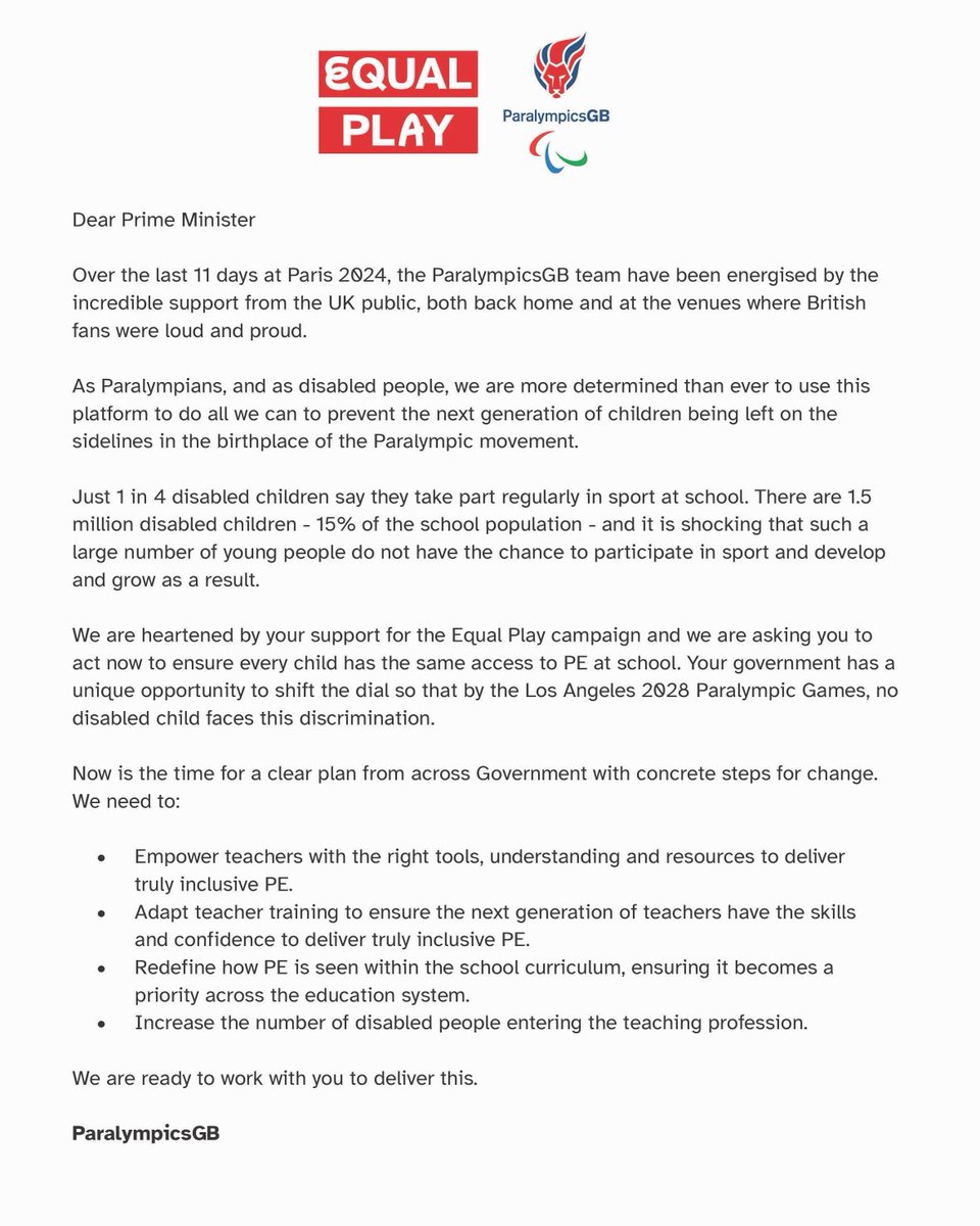 Dear Prime Minister, It’s time for #EqualPlay

#ParalympicsGB