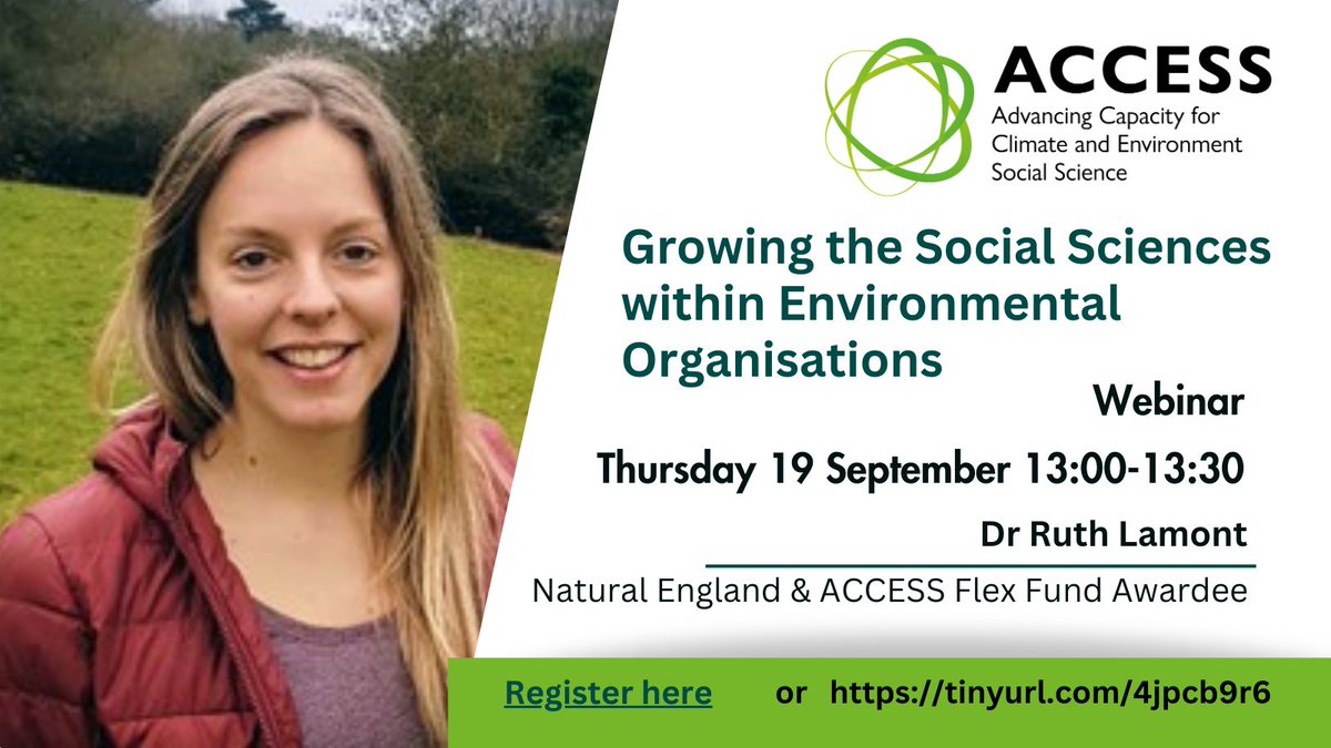 ACCESS Network (@_accessnetwork) on Twitter photo Thursday 19 September, 1 to 1.50 pm ACCESS Webinar
Find out what the #socialsciences can do for #environmental organisations. Join <a href="/_ACCESSnetwork/">ACCESS Network</a> #FlexFund awardee @RuthALamont from <a href="/NaturalEngland/">Natural England</a>.
📚Useful resources rb.gy/8ri15c Thursday 19 September, 1 to 1.50 pm ACCESS Webinar
Find out what the #socialsciences can do for #environmental organisations. Join <a href="/_ACCESSnetwork/">ACCESS Network</a> #FlexFund awardee @RuthALamont from <a href="/NaturalEngland/">Natural England</a>.
📚Useful resources rb.gy/8ri15c