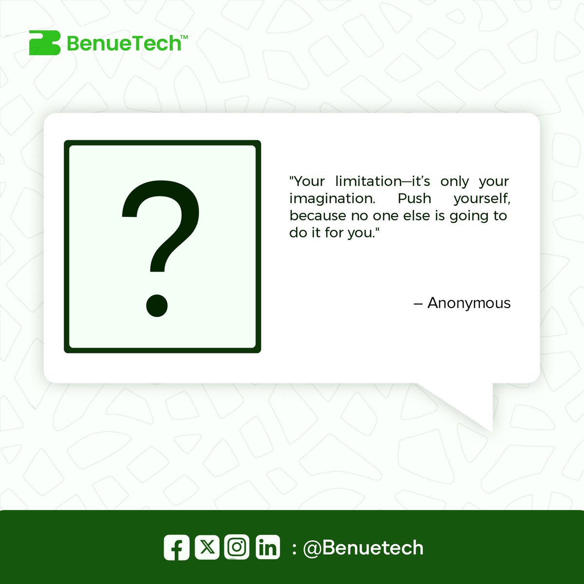 BenueTech's tweet image. Your only limitation is your mind. 🚀

The greatest barriers are the ones we place on ourselves. Once you break free from limiting beliefs, your potential becomes limitless.  

Push yourself harder to achieve that success this week 😊

#BenueTech
#Techinoovation
#MondayMotivation