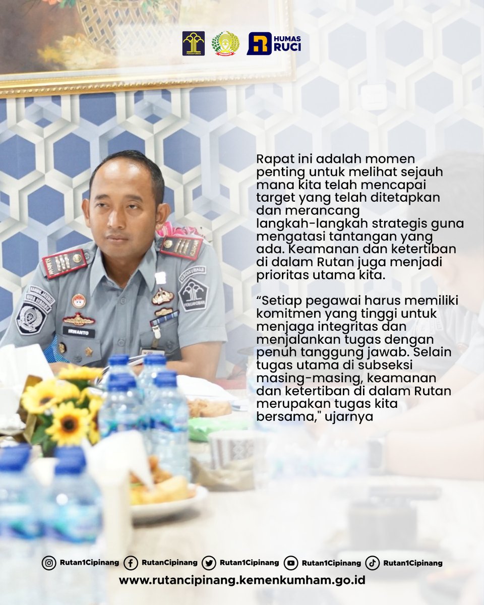 rutan1cipinang's tweet photo. Pesan Karutan : Rapat ini adalah momen penting untuk melihat target yang sudah tercapai
#RUCI
#SemakinPASTI
#Pemasyarakatan
#ASNBerAKHLAK
#kanwilkumhamdki
@kemenkumhamri
@ditjenpas
@kanwilkumhamdki
@andikadwiprasetya23 https://t.co/T40eMfMgCN