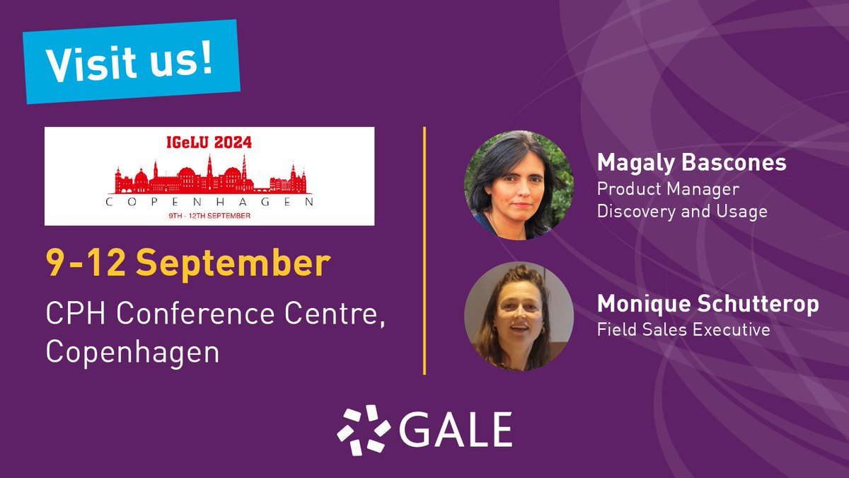 GaleAcademic's tweet photo. The #IGeLU2024 conference begins today in Copenhagen, Denmark! Gale Rep @GaleEMEAMonique and Discovery and Usage Manager @MagalyBascones will be there – do stop by, they would love to say hello! 🙋🏽‍♀️ @igelu #gale https://t.co/9l8hh6pprG