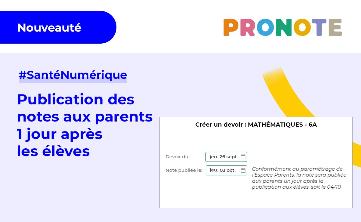 🆕 NOUVEAUTÉ PRONOTE 2024 #4 🚀
-- Spécial prof et famille --
Par défaut, les notes et évaluations s'affichent sur l'Espace Parent 1 jour après la publication sur l'Espace Élève. Les élèves sont les 1ers à en prendre connaissance.
#SantéNumérique
👉 l.doca.info/YrNm50TcvRo