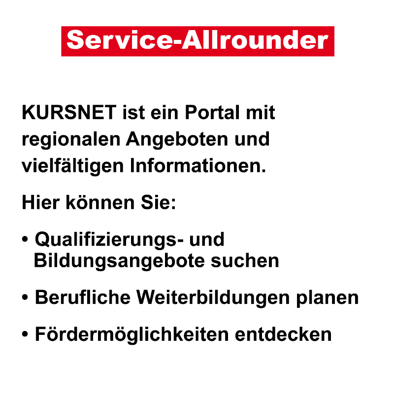 Bundesagentur's tweet photo. Was verbirgt sich hinter KURSNET? 🤔
🔎 Ausbildung, Weiterbildung, Vorbereitung auf den Beruf, begleitende Hilfen oder Sprachkurse – die Möglichkeiten sind vielfältig! Finden Sie mit #KURSNET passende Angebote in Ihrer Region. #bringtweiter