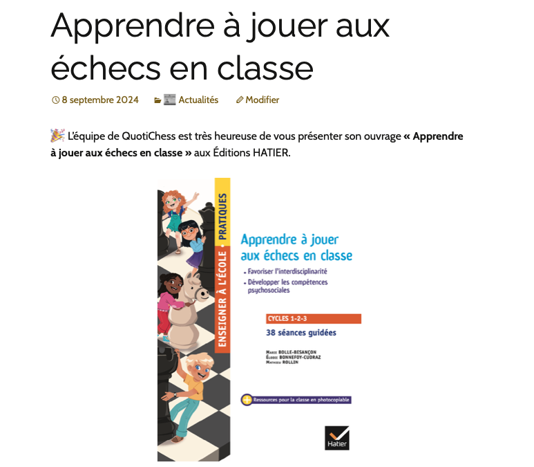 QuotiChess's tweet photo. 📣 Nous profitons du lancement de la 6e saison du projet #QuotiChess pour vous présenter l'ouvrage "Apprendre à jouer au échecs en classe" de @ebc974 @bolle_besancon @M__Rollin, indispensable complément pour la mise en oeuvre de vos séances en classe !
📰 https://t.co/f8gtYbQbQf https://t.co/kc1OyogDzH