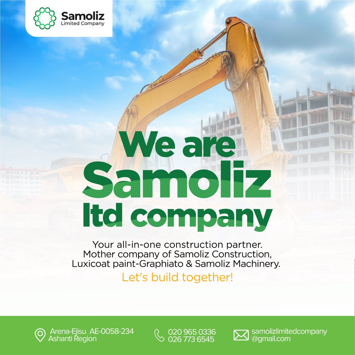 We’re Samoliz Limited Company! We love big machines and all things construction. Also, we’re big on green, yellow, and blue. Stay tuned for updates on our equipment, sites, and team. Excited to connect—tell us something about you!  #SamolizLimited #BuildingBetter #Construction