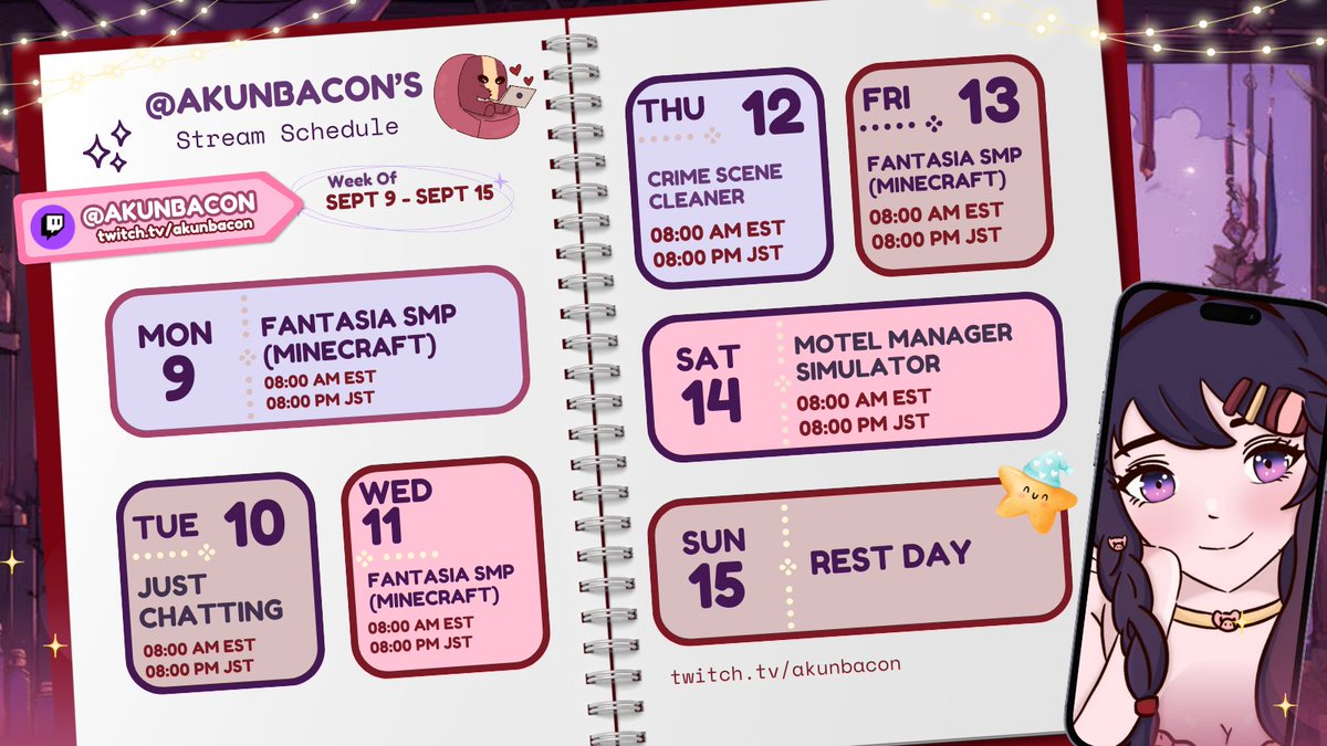 AkunBacon's tweet photo. Schedule for this week~! (づ  ̄ ³ ̄)づ🥓
━━✫・*。
🥓General: #Akunbacon
🥓LIVE: #BaconLIVE
🥓Art: #AkunARTbacon
⌜#ENVtubers • #Vtubers • #VTuberUprising https://t.co/86Cv9d9PDi