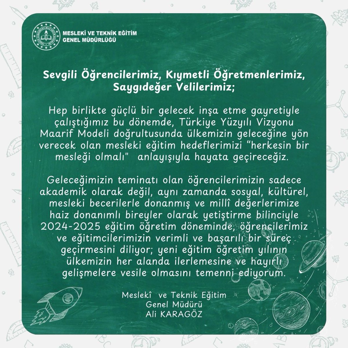 tcmeb_mtegm's tweet photo. Meslekî ve Teknik Eğitim Genel Müdürü Sayın Ali KARAGÖZ'ün 2024-2025 Eğitim Öğretim Dönemi Mesajı https://t.co/aA6DAB8Zus