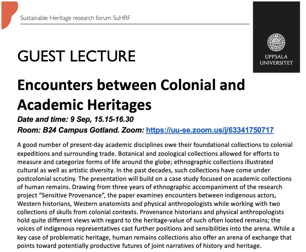 9 sept: Seminarium med Regina Bendix <a href="/uniGoettingen/">Uni Göttingen</a> på temat "Encounters between Colonial and Academic Heritages". Läs mer: uu.se/campus/gotland…