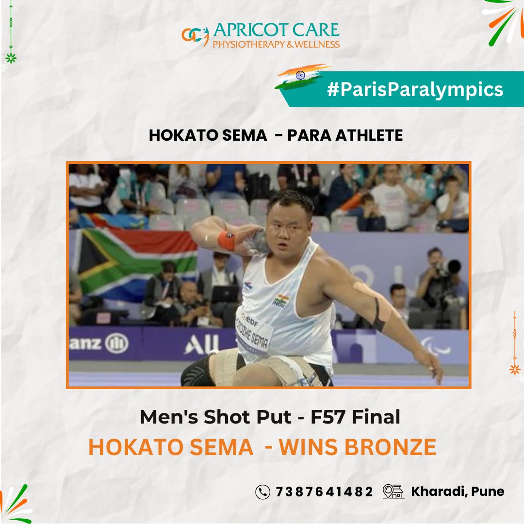 care_apricot's tweet image. Hokato Sema, who won the bronze medal in the Men&apos;s Shot Put - F57 Final with a throw of 14.65m! 🎉

 Congratulations, Champion! hokato hotozhe  💪🔥🏅

#Cheer4Bharat #MachaDhoom #ParaAthletics #ProudMoment #IndianHero #Inspiration