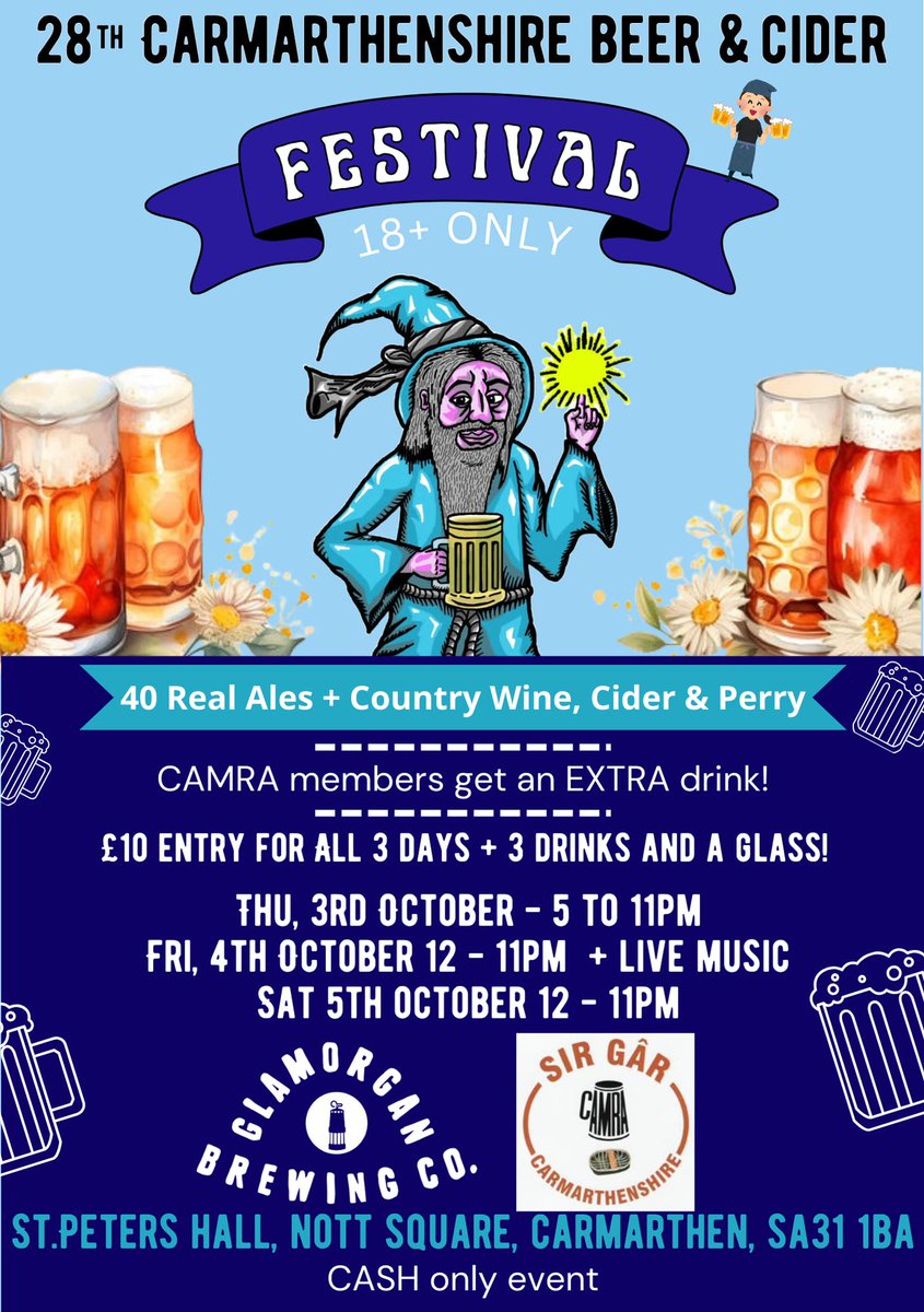 The Carmarthenshire CAMRA Beer &amp; Cider Festival takes place this year between 3rd and 5th of October - Saint Peters Hall, Nott Square, Carmarthen.

#beerfestival #beer #festival