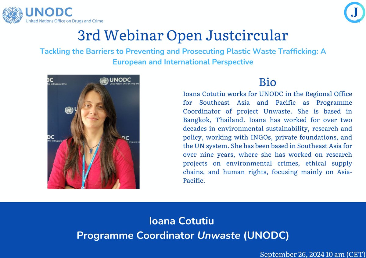 📣Continuing presenting our speakers, today is a great pleasure to announce Ioana Cotutiu as a speaker at the 3rd <a href="/JustCircular/">JustCircular</a> webinar. 

<a href="/ICotutiu/">Ioana Cotutiu</a> is the Programme Coordinator of project #Unwaste at <a href="/UNODC_SEAP/">UNODC Southeast Asia-Pacific</a>⬇️