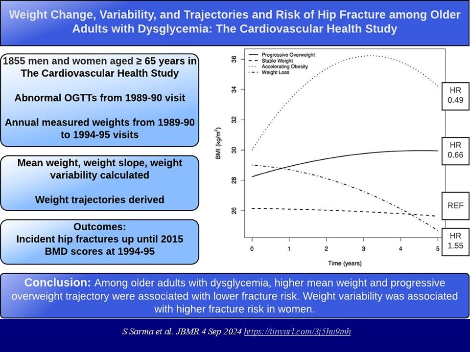 Weight change, variability, and trajectories and risk of hip fracture among older adults with dysglycemia: the cardiovascular health study. S Sarma et al. JBMR 4 Sep 2024 tinyurl.com/3j5hu9mh  …lower mean weight is associated with higher fracture risk