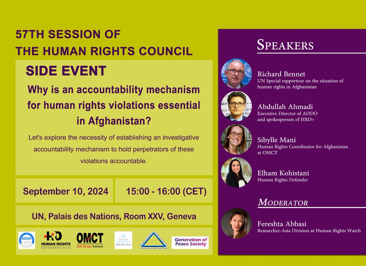 Join us and let's advocate for stronger action together at this critical side event this #HRC57:

Why is an #accountability mechanism for human rights violations essential in #Afghanistan?

📅 10 SEP 2024
📍Palais des Nations Room XXV
🕒15:00-16:00 (CEST)