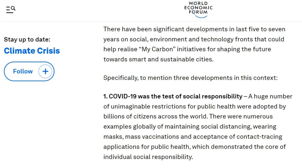 "The World Economic Forum (WEF) has admitted that the COVID-19 pandemic was a test of the public’s obedience in accepting their ‘New World Order’."

U leest het goed. Ik geloofde het eerst zelf niet, maar ze schrijven het zelf op hun WEF-forum. Een artikel van Kunal Kumar,