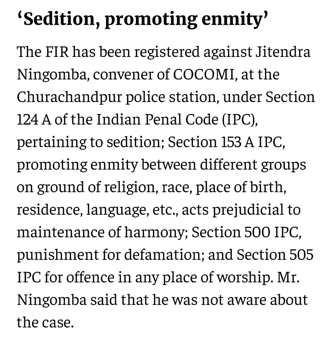 Meitei cartoonist <a href="/Paari_Athouba/">Khuraijam Athouba</a> must be arrested at the earliest by <a href="/CBIHeadquarters/">Central Bureau of Investigation (India)</a> <a href="/NIA_India/">NIA India</a> <a href="/CBItweets/">CBI</a> and put in jail. Sedition case is pending against COCOMI and stringent provision added if required.
#MeiteisEngineeredManipurViolence