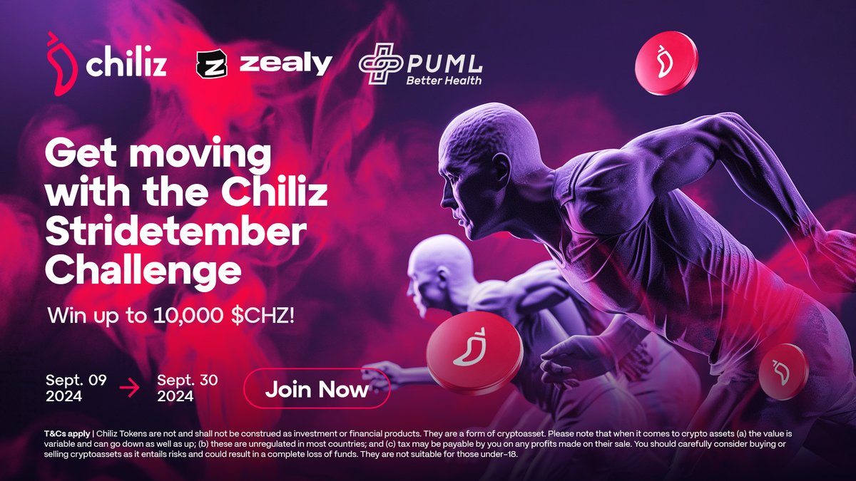 Chiliz's tweet photo. We are thrilled to announce an exciting challenge with @pumlhealthio 🏃
It is time to start to get moving with Chiliz Stridetember and win up to 10,000 $CHZ 🌶️
Join the Stridetember Challenge here 👇
https://t.co/MAQV9Ggy56
#Stridetember ⚡️ $CHZ https://t.co/P4SBVcXFrv