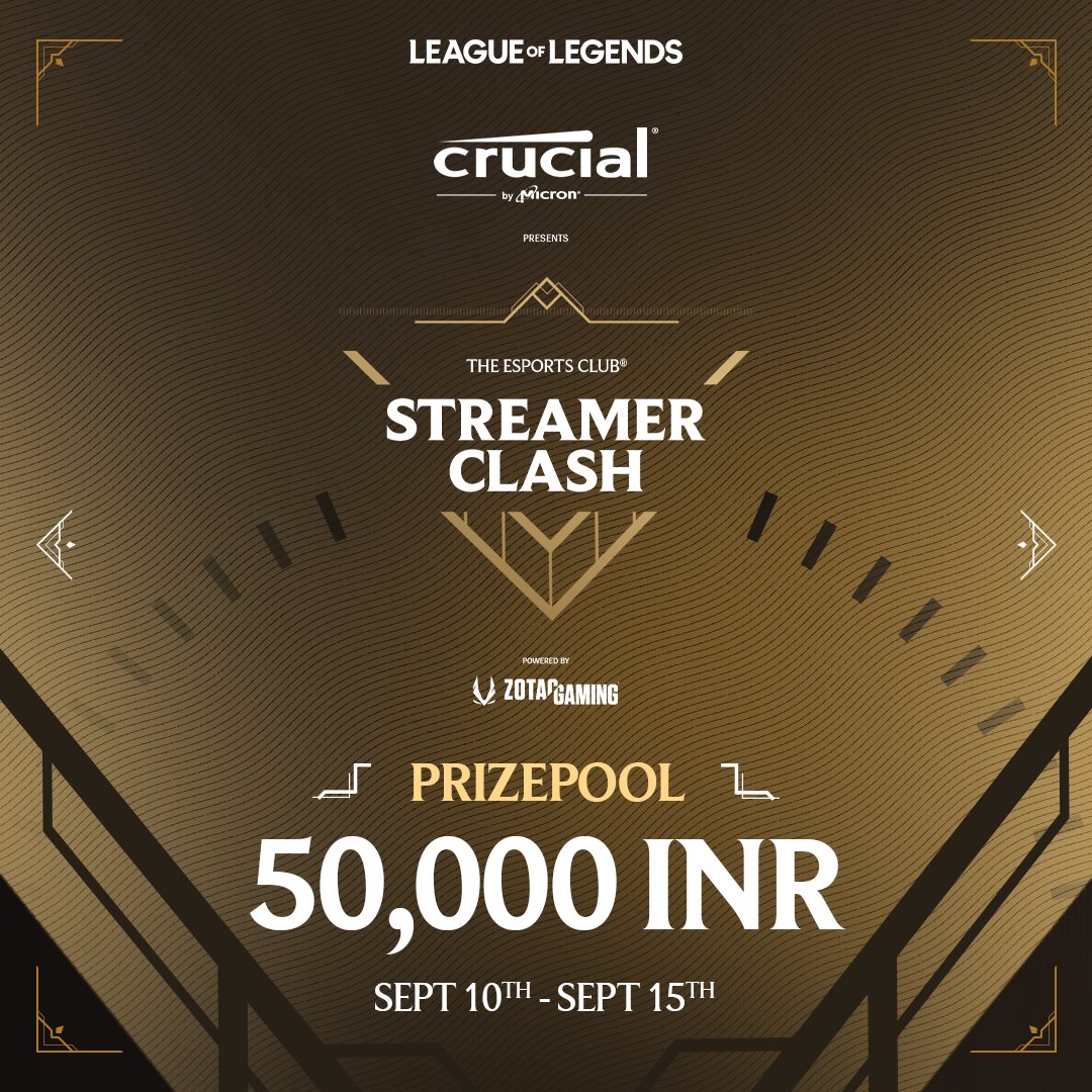 theesportsclub2's tweet photo. 💥 Streamer Clash is LIVE! 💥
The ultimate #LeagueOfLegends battle starts Sept 10th with ₹50,000 on the line! Who will reign supreme? 👑
Presented by CrucialByMicron and powered by ZotacGaming!
#StreamerClash #LoL #Esports #GamingCommunity #EsportsEvents #TheEsportsClub https://t.co/Rm27zZMZOk