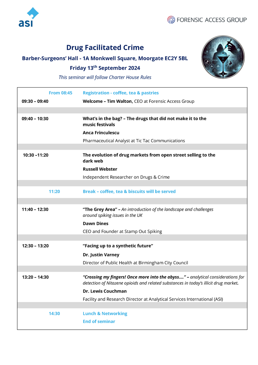 ASI_lab's tweet image. 👏 Our Drug Facilitated Crime Seminar is this week at Barber-Surgeons&apos; Hall in London.

Here&apos;s the seminar programme! 👇 We have fantastic speakers lined up to share their knowledge and expertise on the subject: Drug Facilitated Crime: 

#drugmonitoring #forensictoxicology #event