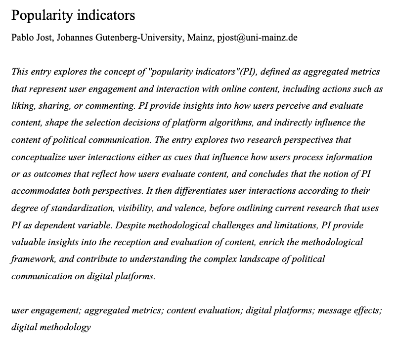 Pablo Jost - deactivated till Elmo has gone (@pbjost) on Twitter photo Happy to share the accepted version my entry about “Popularity Indicators” (i.e. likes, shares...) in the Encyclopedia of Political Communication (forthcoming '25) – shout-out to <a href="/alessandro_nai/">Alessandro Nai</a> <a href="/MaxGroemping/">Max Grömping</a> & <a href="/DoWi87/">Dominique Wirz</a> for editing this great volume!
👉osf.io/t3upm Happy to share the accepted version my entry about “Popularity Indicators” (i.e. likes, shares...) in the Encyclopedia of Political Communication (forthcoming '25) – shout-out to <a href="/alessandro_nai/">Alessandro Nai</a> <a href="/MaxGroemping/">Max Grömping</a> & <a href="/DoWi87/">Dominique Wirz</a> for editing this great volume!
👉osf.io/t3upm