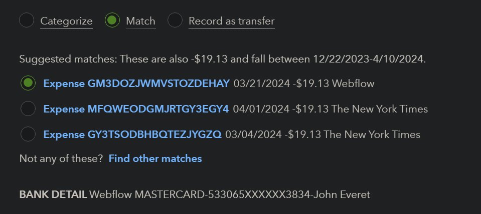 chriscardinal's tweet image. Absolutely love that Quickbooks Online didn't want to take a guess here. "Well sure the bank detail matches exactly with this expense and the amount is a dead ringer, but hey, ya never know!"