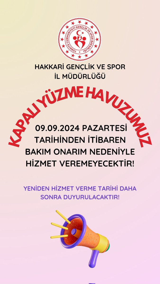Hakkari Gençlik ve Spor İl Müdürlüğü (@gsb_hakkari) on Twitter photo 📣Kapalı Yüzme Havuzumuz 09.09.2024 Pazartesi tarihinden itibaren bakım ve onarım nedeniyle bir süreliğine hizmet vermeyecektir.
<a href="/OA_BAK/">Dr. Osman Aşkın Bak</a>
<a href="/gencliksporbak/">Gençlik ve Spor Bakanlığı 🇹🇷</a>
<a href="/alicelik_64/">Ali Çelik</a> 📣Kapalı Yüzme Havuzumuz 09.09.2024 Pazartesi tarihinden itibaren bakım ve onarım nedeniyle bir süreliğine hizmet vermeyecektir.
<a href="/OA_BAK/">Dr. Osman Aşkın Bak</a>
<a href="/gencliksporbak/">Gençlik ve Spor Bakanlığı 🇹🇷</a>
<a href="/alicelik_64/">Ali Çelik</a>