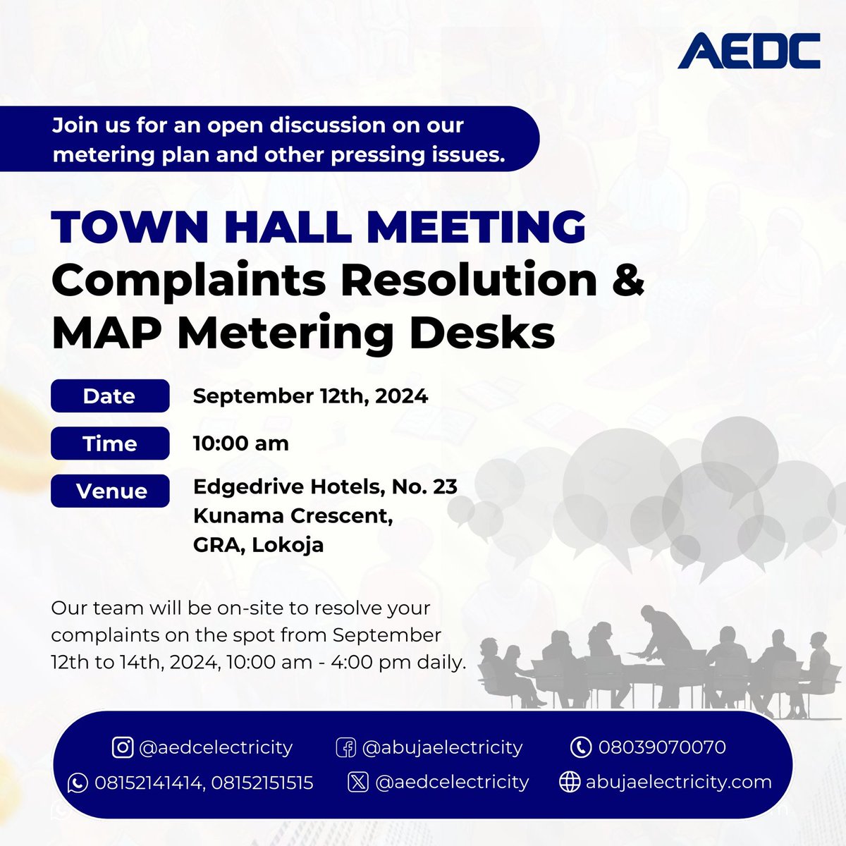aedcelectricity's tweet photo. Lokoja, We’re Coming!
Have questions? We’ve got answers.
Let’s connect and improve your service experience!
#CustomerEngagementWeek
#PoweringLokoja
#AEDCCommunityConnect https://t.co/wF3R7ptmbt