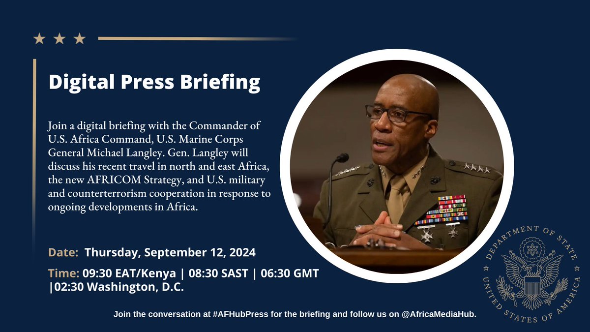US Africa Media Hub (@africamediahub) on Twitter photo Media reps, join U.S. Marine Corps General Michael Langley in a digital briefing on the <a href="/USAfricaCommand/">U.S. Africa Command (AFRICOM)</a> Strategy, recent travel in Africa & military cooperation. Don't miss this opportunity to engage with Gen. Langley and get your questions answered. #AFHubPress RSVP: Media reps, join U.S. Marine Corps General Michael Langley in a digital briefing on the <a href="/USAfricaCommand/">U.S. Africa Command (AFRICOM)</a> Strategy, recent travel in Africa & military cooperation. Don't miss this opportunity to engage with Gen. Langley and get your questions answered. #AFHubPress RSVP: