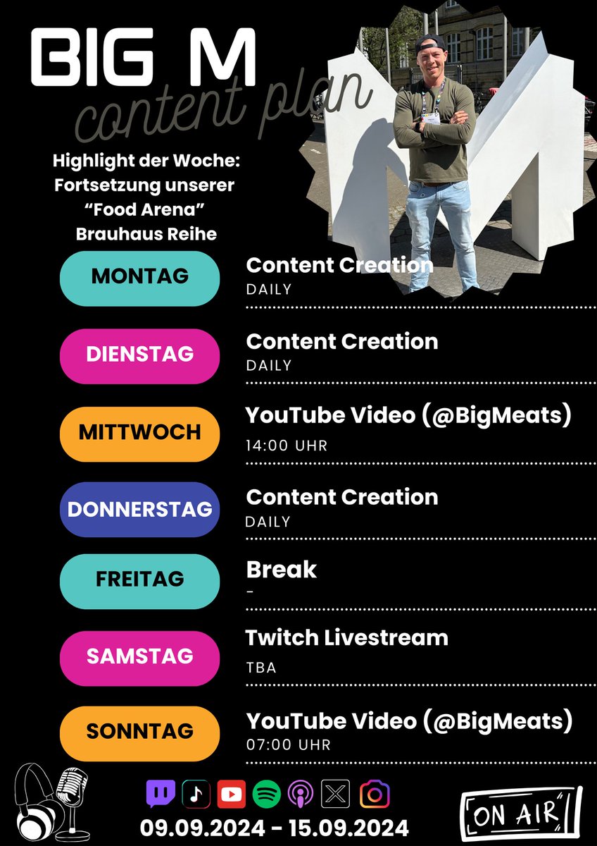 Guten Morgen, Big M Community! 🌅🍽️

Willkommen in einer neuen Woche! 
Hier ist der aktuelle Content-Plan und der Ausblick für die kommenden Tage.

Mit freundlichen Grüßen,
Big M 🫃