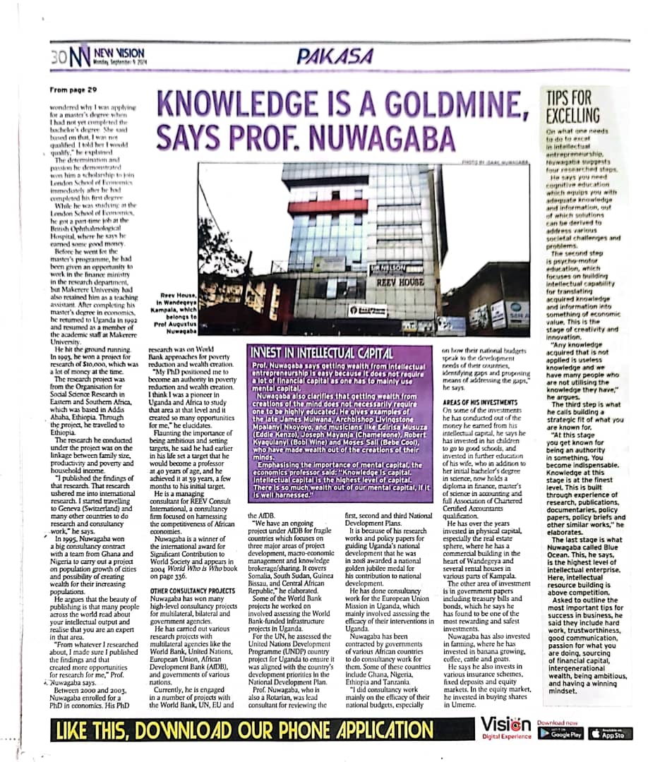 Intellectual capital is a goldmine through which the sky can be the limit in creating wealth. My story was featured in the Pakasa pullout of the New Vision. <a href="/nyamadon/">Don Wanyama</a> <a href="/newvisionwire/">The New Vision</a>