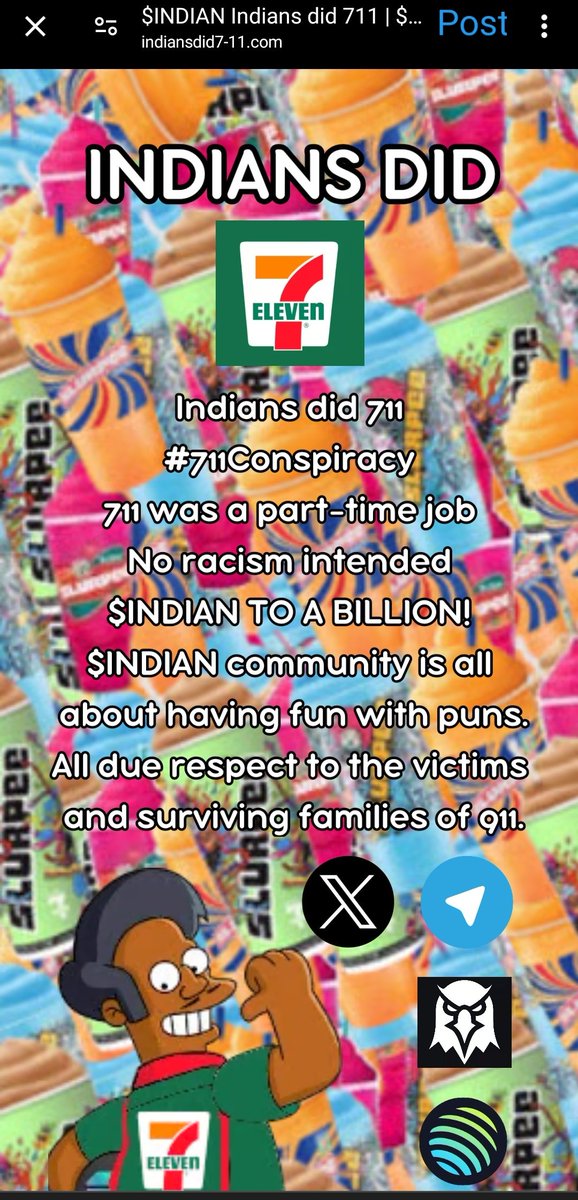 DegenCapitalLLC's tweet image. $Indian

I like their new website.

In their roadmap, they plan to open a 7/11 franchise owned by the coin.

It's satire
It's humour 
It's memes
It's celebrating entrepreneurship.

Terrorists did 9/11? 

Indians did 7/11.