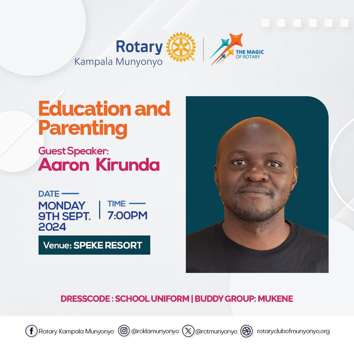 Join us today~ Monday 9th for an enlightening talk on Education and Parenting with Aaron Kirunda.

Nurturing Minds To Shape The Future💡

Don't miss out on this opportunity to empower yourself and your child!

⏰ 7:00pm
📍 Speke Resort Munyonyo
