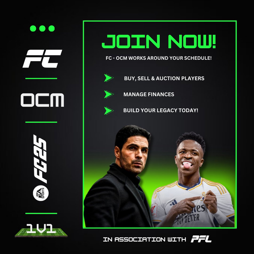 Virtual6s's tweet image. NEW! FC25 OCM

Join our thrilling 1v1 OCM! Buy, sell, and auction players. Compete, manage finances, and build your legacy. 

- Flexible
- Mature Staff
- Non-toxic Community
- 24/7 Help &amp;amp; Support
- Monthly Giveaways

&amp;gt; JOIN NOW &amp;lt;
discord.gg/5q4Rsa6RcR