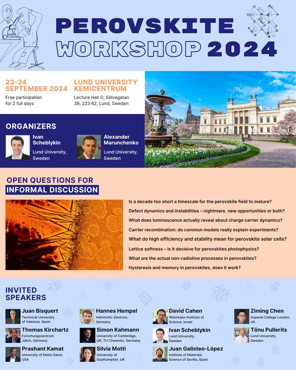 SMSGroupLund (@lund_sms) on Twitter photo 🚨 Perovskite Workshop 2024 in Lund! 🚨
🗓️ 23-24 Sept 2024
🌟 Invited speakers from top institutions!
💬 Unique format: Plenty of time for discussions on controversial questions!
Details: chemphys.lu.se/news/perovskit…
<a href="/physolcell/">Juan Bisquert</a> <a href="/skahmn/">Simon Kahmann</a> <a href="/KamatlabND/">PKamat</a>
<a href="/KirchartzThomas/">Thomas Kirchartz</a> <a href="/silviamotti/">Silvia Motti</a> 🚨 Perovskite Workshop 2024 in Lund! 🚨
🗓️ 23-24 Sept 2024
🌟 Invited speakers from top institutions!
💬 Unique format: Plenty of time for discussions on controversial questions!
Details: chemphys.lu.se/news/perovskit…
<a href="/physolcell/">Juan Bisquert</a> <a href="/skahmn/">Simon Kahmann</a> <a href="/KamatlabND/">PKamat</a>
<a href="/KirchartzThomas/">Thomas Kirchartz</a> <a href="/silviamotti/">Silvia Motti</a>