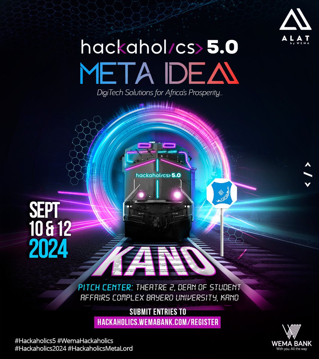 alat_ng's tweet image. Are you in Kano and its environs, and you have a great idea you want to pitch? Then you should make your way to Bayero University Kano from tomorrow, and you could just be a finalist!

_Registration Portal: hackaholics.wemabank.com/register_

#Hackaholics5.0
#MetaIdea
#WemaHackaholics