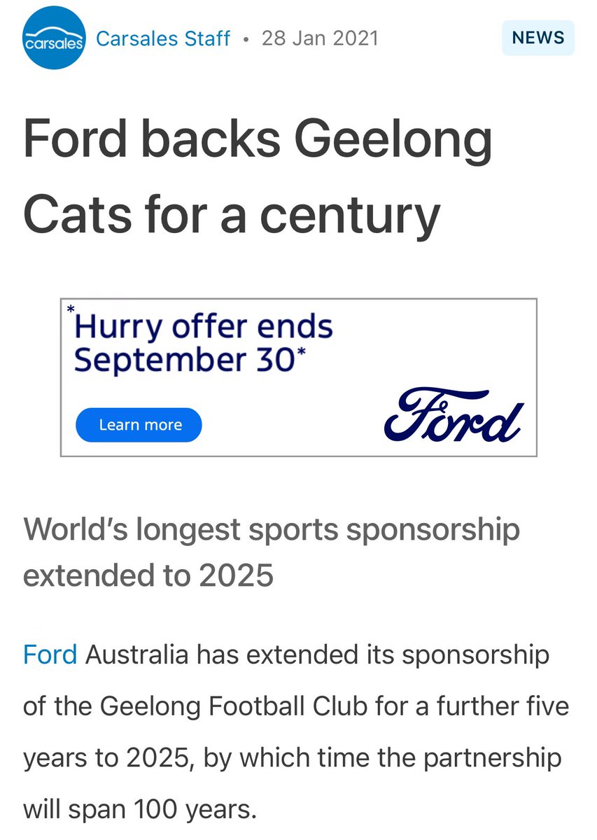 StKFootball's tweet image. For over a decade, Geelong have touted their relationship with Ford is the “the longest running sports sponsorship in the world”.

They’re gearing up to celebrate the 100 year anniversary in 2025.

Ex-President Colin Carter drove the narrative as fact.

So I went to check it out.