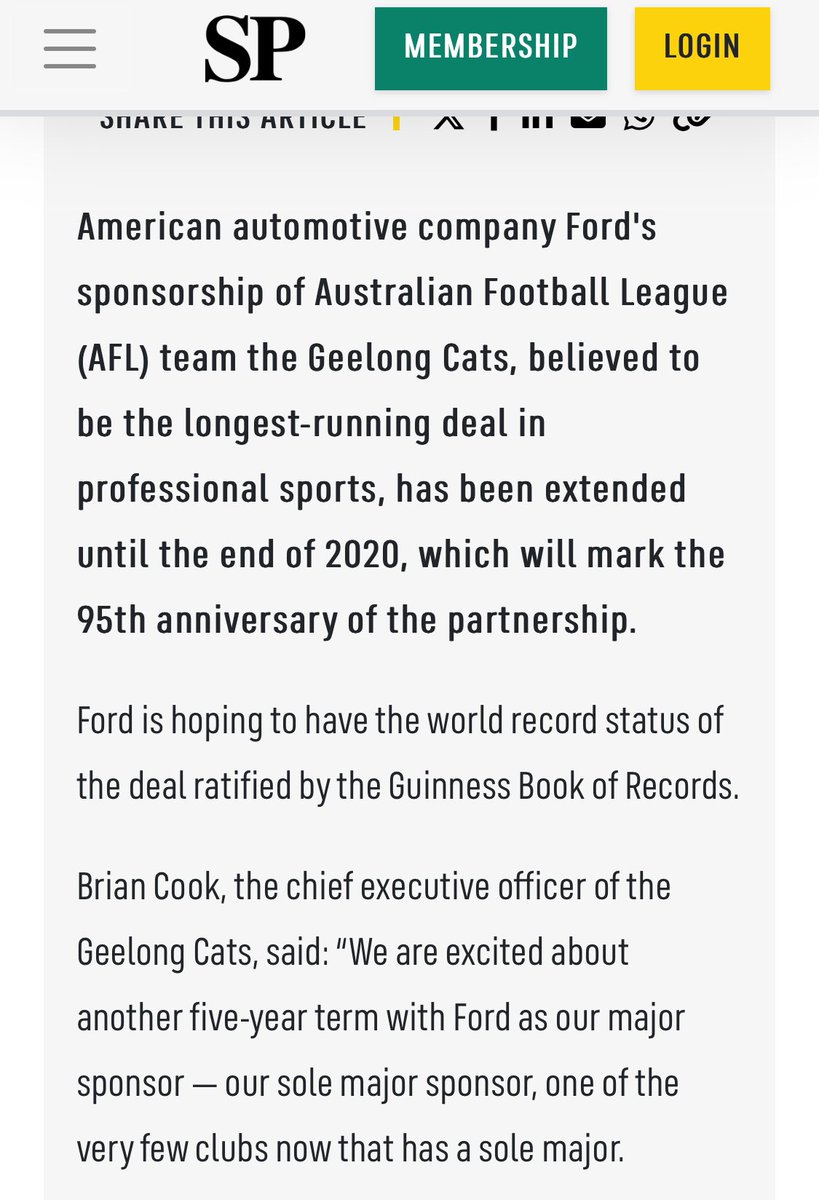 StKFootball's tweet image. For over a decade, Geelong have touted their relationship with Ford is the “the longest running sports sponsorship in the world”.

They’re gearing up to celebrate the 100 year anniversary in 2025.

Ex-President Colin Carter drove the narrative as fact.

So I went to check it out.