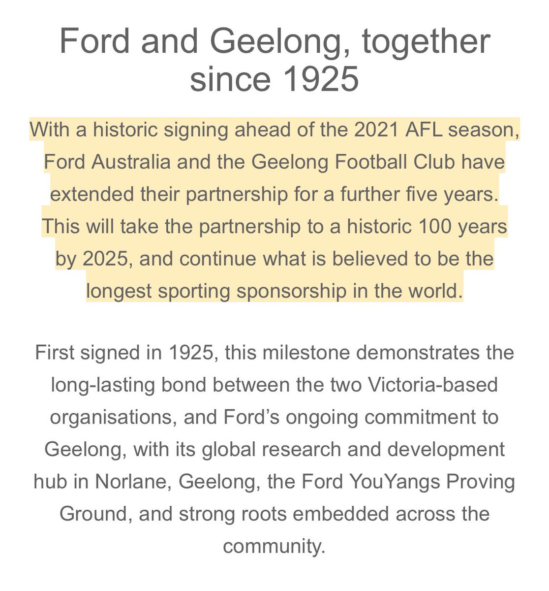 StKFootball's tweet image. For over a decade, Geelong have touted their relationship with Ford is the “the longest running sports sponsorship in the world”.

They’re gearing up to celebrate the 100 year anniversary in 2025.

Ex-President Colin Carter drove the narrative as fact.

So I went to check it out.
