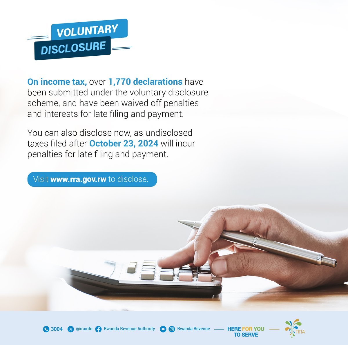 Nawe wagaragaza umusoro ku nyungu utaramenyekanishijwe mbere ya 2023 ugakurirwaho ibihano n'amande y'ubukererwe.  
----------------------------------------
You can also disclose undeclared income taxes for periods prior to 2023 and have penalties and late payment interest waived.