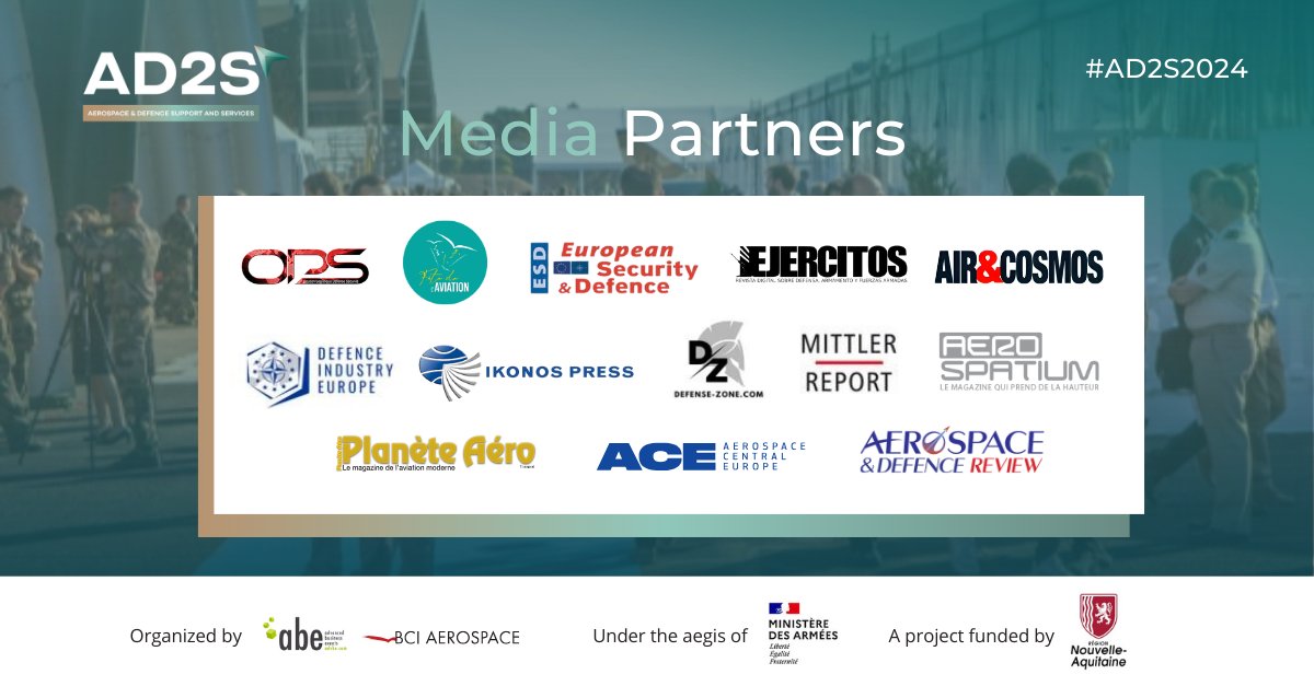 AD2S_2024's tweet photo. 📢 We're thrilled to announce our #mediapartners: @defindustryeu @Planete_aero  @aerospatium @AiretCosmos @SvetPrumyslu_CZ @fetedelaviation @famdelmundo @REjercitos If you are a journalist get your press accreditation here 👉https://t.co/cv0dLWkgng https://t.co/1PJOJFCzB4