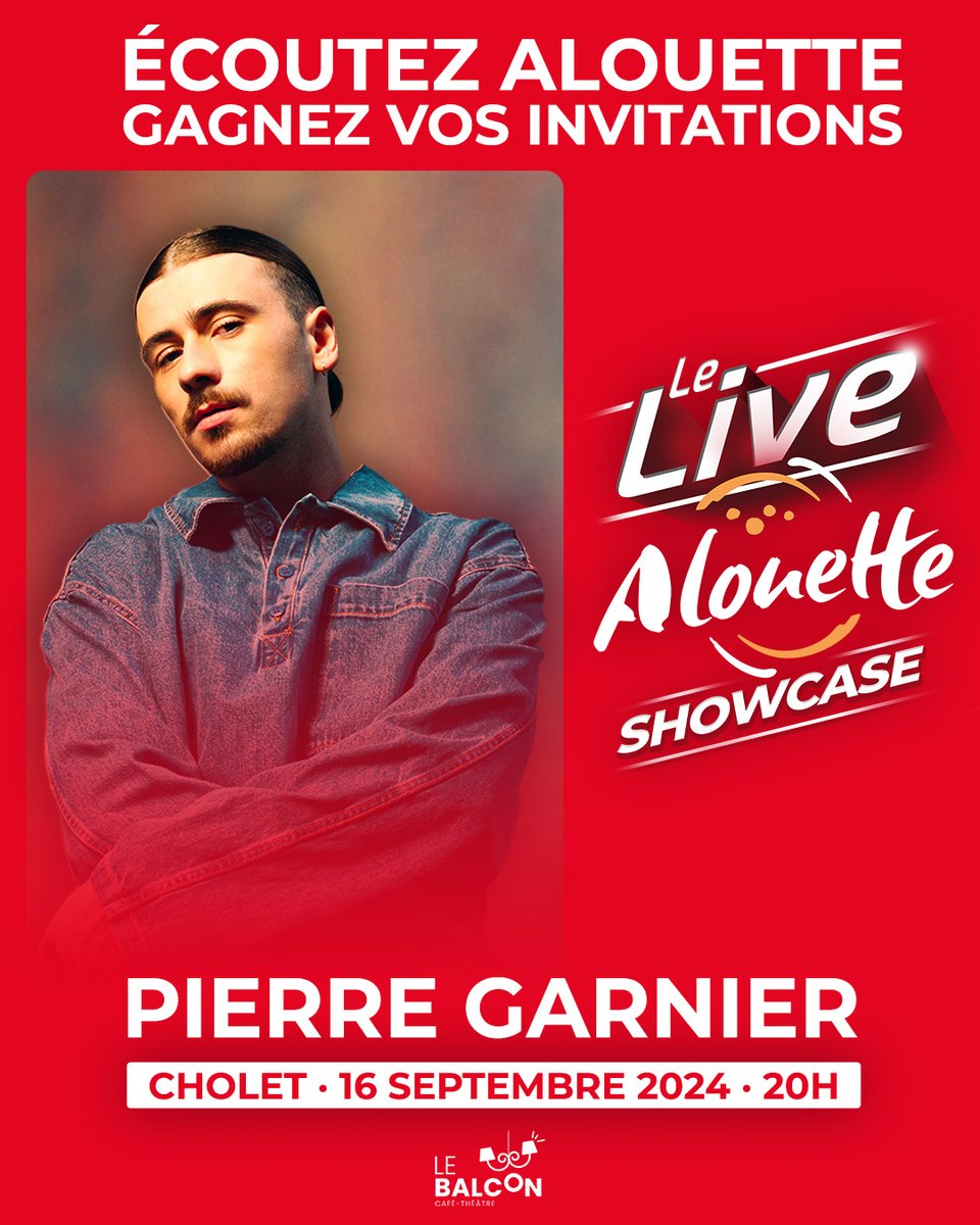AlouetteRadio's tweet photo. 🎁 CONCOURS 🎁
Alouette vous offre vos 2 invitations pour venir applaudir #PierreGarnier au #LiveAlouette Showcase le 16 septembre au café-théâtre Le Balcon à #Cholet ! 🔥 

Pour participer :
1️⃣ RT + Follow @AlouetteRadio 
🍀 Tirage au sort le 12 septembre https://t.co/2SvHAAoKAk