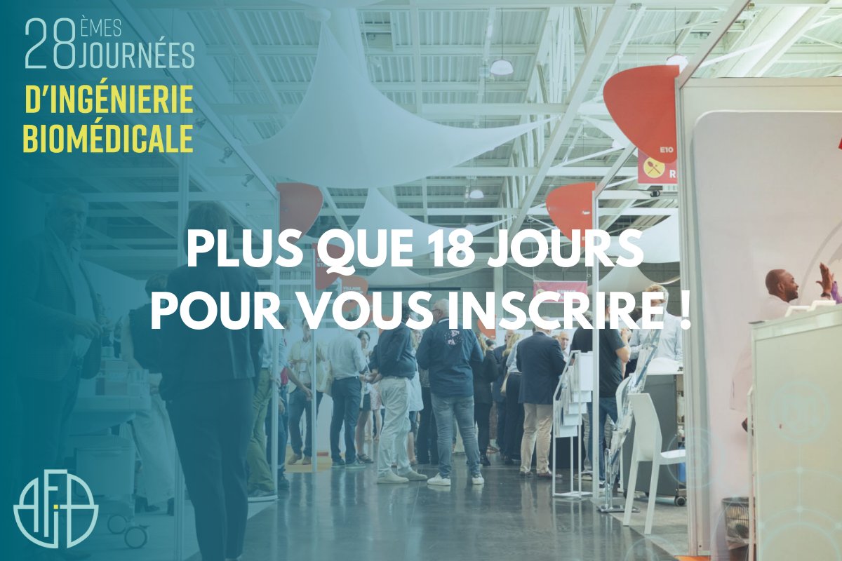 🚨 Plus que 18 jours pour vous inscrire au Congrès AFIB 2024 !

🌍 6 plénières, 32 ateliers, 2 table-rondes et 140 industriels exposants.

S'inscrire 👉 bit.ly/45jVPoU jusqu'au 27/09.

#afib2024 #biomedical #ingebio #sante