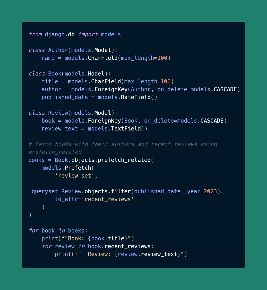 DevAsService's tweet image. 🚀 Django Trick
Optimize related object retrieval with prefetch_related and custom querysets! 🧩
Example: Fetch books with recent reviews using Prefetch.
Boost performance and flexibility!
#Django #WebDevelopment #DjangoTricks
