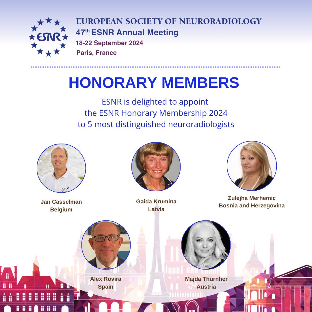 ESNRad's tweet photo. #ESNR24: the #Neuroradiology Main event!
We are happy to announce the 2024 ESNR Honorary Members!
Congratulations!
#Neurorad #ThisIsESNR https://t.co/WQQ5puot7e