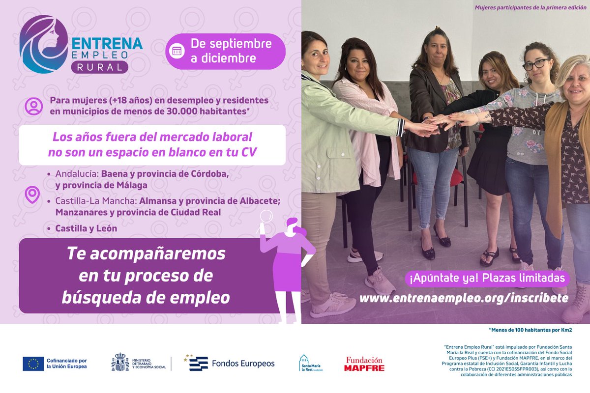 📢¡Últimos días para apuntarse a #EntrenaEmpleoRural!🏋️‍♀️Un programa gratuito que ayudará a mujeres en #desempleo a reactivar su búsqueda de #trabajo🔍💼en Andalucía, Castilla-La Mancha y Castilla y León
¡Hasta el 16 de septiembre!✍️entrenaempleo.org/es/inscribete
ℹ️areaempleofsmlr.es/2024/09/09/ult…