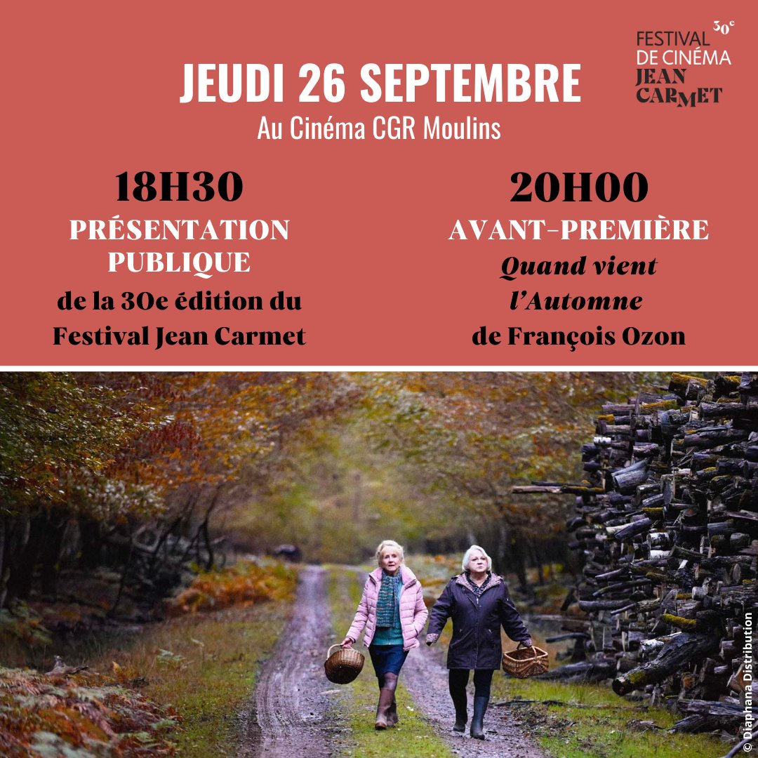 💫La présentation publique de notre programmation aura lieu le 26 septembre à partir de 18H30 au cinéma CGR de Moulins. 💫
Il est temps de vous révéler le film diffusé en avant-première à partir de 20H00 :  
🍂QUAND VIENT L'AUTOMNE, de François Ozon🍂
Venez nombreux !🥳