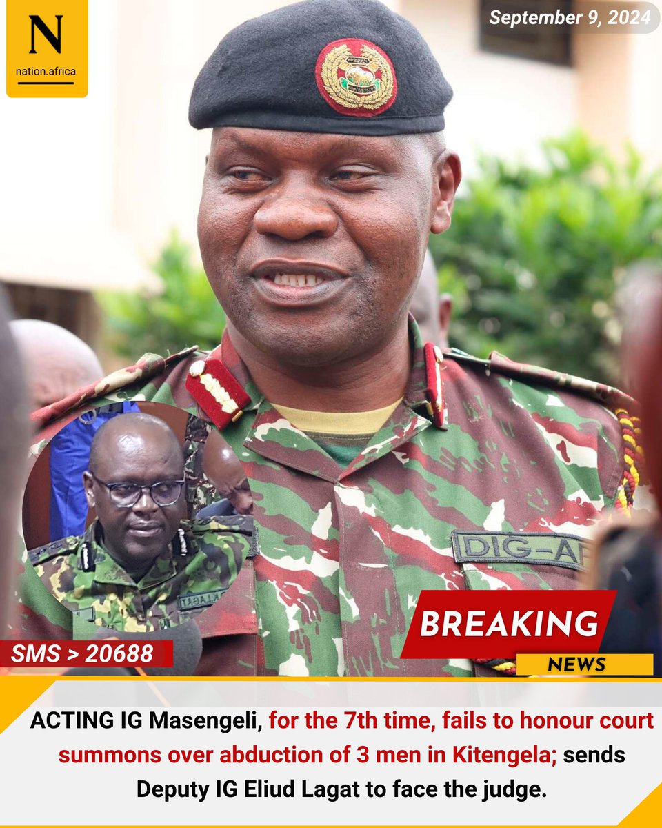 ACTING IG Masengeli, for the 7th time, fails to honour court summons over abduction of 3 men in Kitengela; sends Deputy IG Eliud Lagat to face the judge. nation.africa/kenya/news/pol…