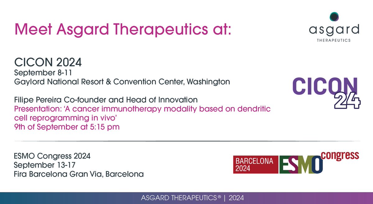 Asgard Therapeutics (@asgardthx) on Twitter photo 🚀 Meet <a href="/AsgardThx/">Asgard Therapeutics</a> at CICON 2024 & ESMO Congress 2024!
<a href="/CellReproLab/">Pereira Lab</a> will be presenting at CICON 2024 on Sept 9th, 5:15 PM. 🤝 Fábio Rosa will also attend.
Meet with Xiaoli Huang, Project Director in Preclinical Pharmacology, at the ESMO Congress 2024
Let's connect! 🚀 Meet <a href="/AsgardThx/">Asgard Therapeutics</a> at CICON 2024 & ESMO Congress 2024!
<a href="/CellReproLab/">Pereira Lab</a> will be presenting at CICON 2024 on Sept 9th, 5:15 PM. 🤝 Fábio Rosa will also attend.
Meet with Xiaoli Huang, Project Director in Preclinical Pharmacology, at the ESMO Congress 2024
Let's connect!